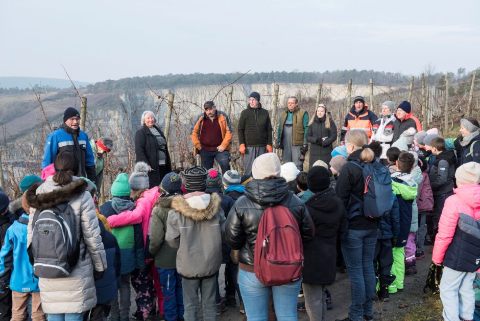 (von links) Bürgermeister Michael Freudenberger begrüßt, Vorsitzende Marianne Scheu-Helgert erklärt die Grundzüge des Schnitts, Winzer Roman Köhler erklärt genau, wie das Ergebnis sein soll, weitere Helfer sind (unter anderem) Jörg Irmscher, Raimund Ehehalt, Weinprinzessin Maria Schömig, Bernd Schömig, Karin Stieber und Helmut Öffner.